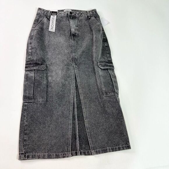 LOVE, FIRE Retro Front Slit Cargo Jean Denim Maxi Skirt Black Acid Wash Size 13 - Picture 1 of 9